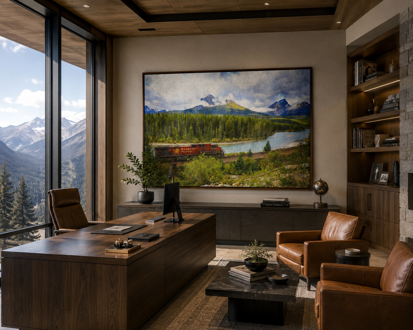 Large Canadian mountain train artwork displayed in a warm executive office by Dan Sproul